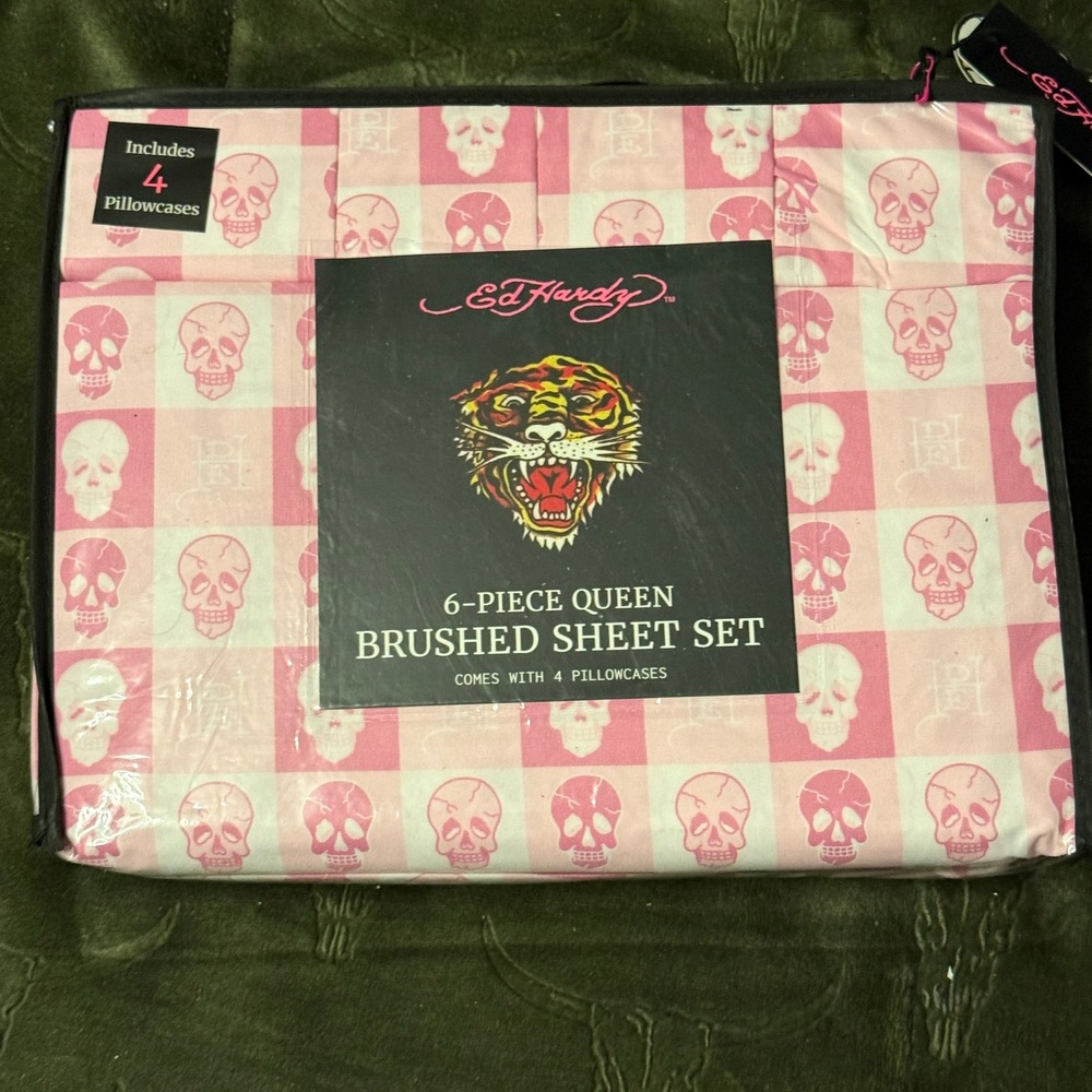 Ed Hardy Sheet Set Queen Pink New 6-Piece Brushed Skull Checkered Tattoo Print